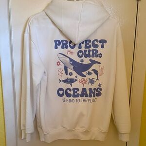 Protect Our Oceans White Hoodie with Blue Graphic